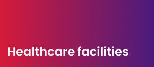 Logo representing healthcare facilities displayed prominently on a vibrant red background.